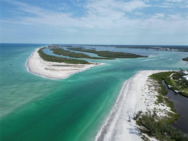 aerial view with a water view and a view of the beach