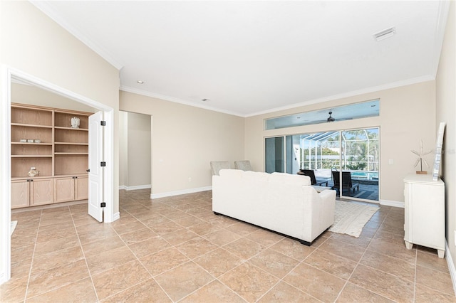 unfurnished living room featuring ornamental molding and built in features