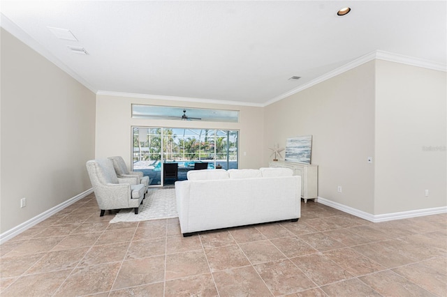 living room featuring crown molding