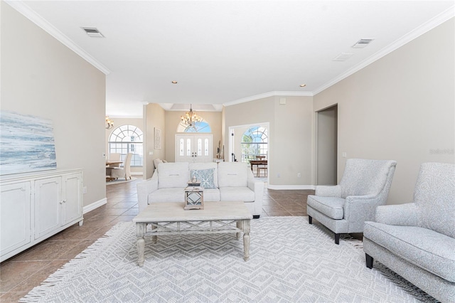 tiled living room with ornamental molding and a chandelier