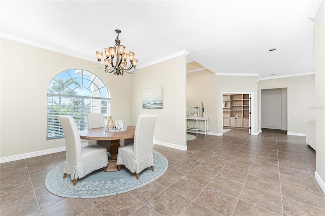 dining area with crown molding and a notable chandelier