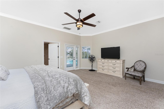 carpeted bedroom featuring crown molding, ceiling fan, and access to outside