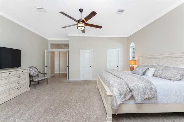 bedroom with crown molding, light carpet, and ceiling fan