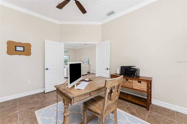 office space with crown molding and ceiling fan