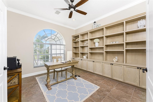 office area with crown molding and ceiling fan