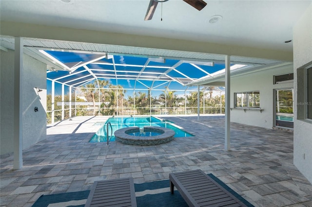 view of patio / terrace featuring ceiling fan, a lanai, and a fenced in pool