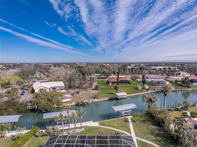 drone / aerial view featuring a water view