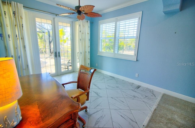 home office featuring french doors and ceiling fan