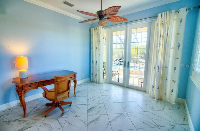 office space with french doors, ceiling fan, and crown molding