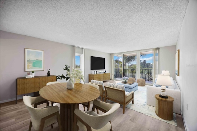 dining space featuring a healthy amount of sunlight, light hardwood / wood-style flooring, and a textured ceiling