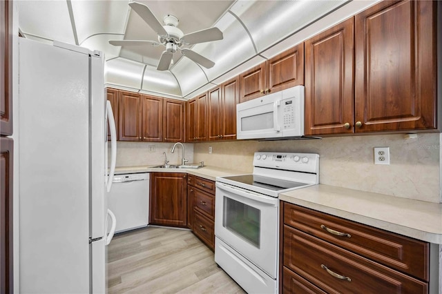 kitchen featuring ceiling fan, sink, white appliances, and light hardwood / wood-style flooring