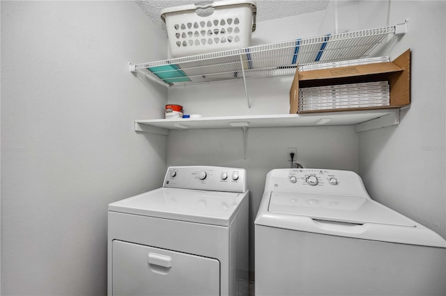 washroom with independent washer and dryer and a textured ceiling