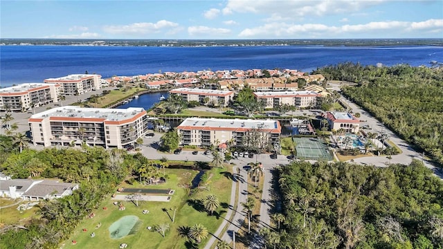 drone / aerial view featuring a water view