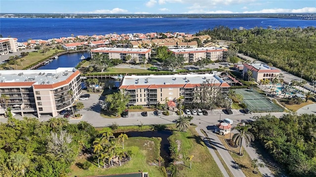 drone / aerial view with a water view