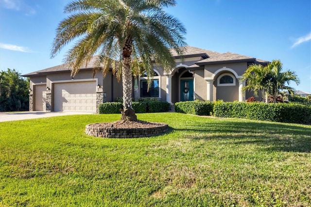 view of front of house featuring a garage and a front lawn