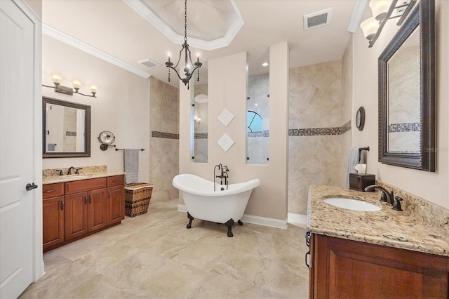 bathroom with vanity, an inviting chandelier, crown molding, and plus walk in shower