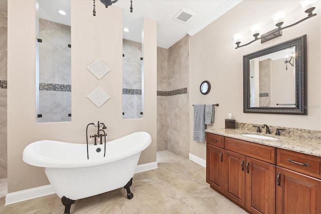 bathroom featuring vanity and shower with separate bathtub