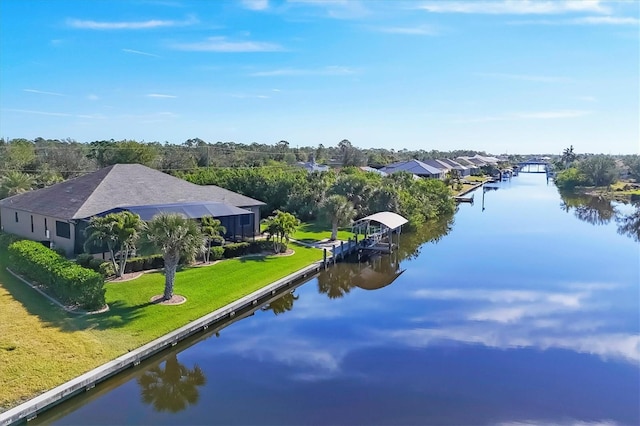 bird's eye view with a water view