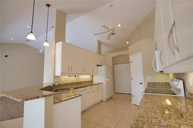 kitchen with decorative light fixtures, white cabinetry, ceiling fan, kitchen peninsula, and white appliances