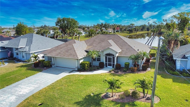 view of front of house with a garage, a water view, and a front yard