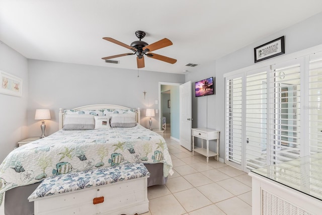 bedroom with light tile patterned flooring and ceiling fan