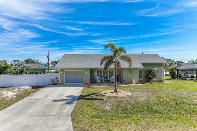 single story home with a gate, stucco siding, concrete driveway, and a front lawn