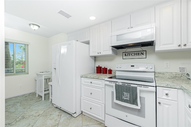 kitchen with white cabinets and white appliances