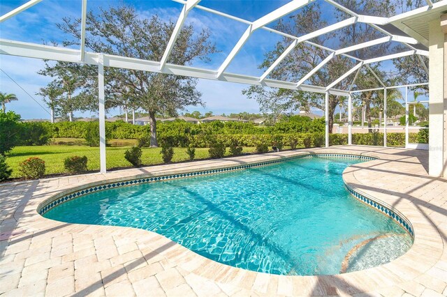 outdoor pool with a patio area, glass enclosure, and a lawn