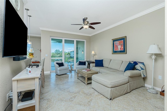 living room featuring crown molding and ceiling fan