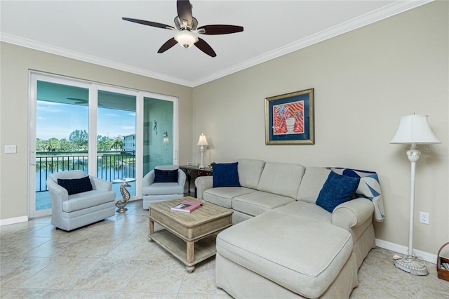 living room featuring ornamental molding, a water view, and ceiling fan