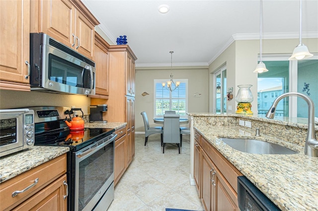 kitchen with sink, appliances with stainless steel finishes, ornamental molding, light stone countertops, and decorative light fixtures