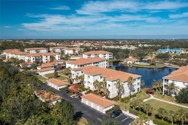 drone / aerial view featuring a water view