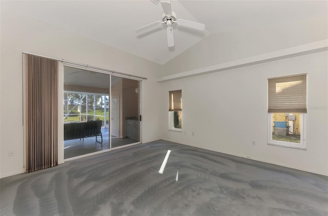 unfurnished room with lofted ceiling, carpet floors, and ceiling fan