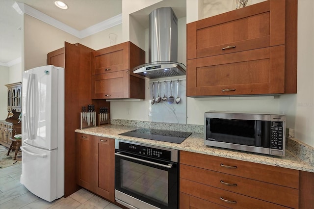 kitchen featuring stainless steel appliances, ornamental molding, light stone countertops, and wall chimney exhaust hood