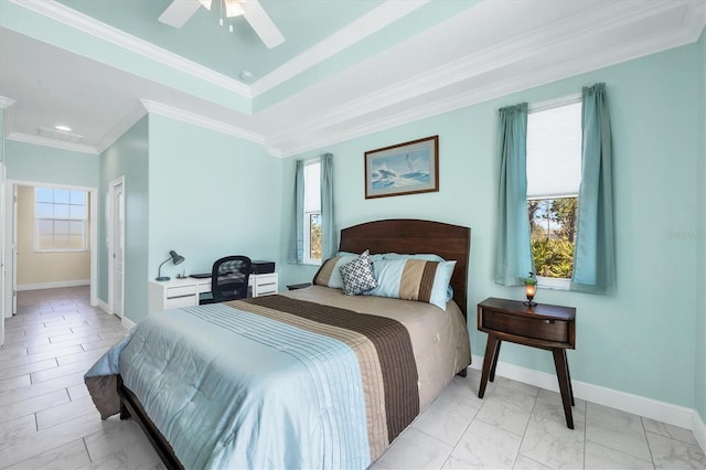 bedroom featuring ceiling fan and ornamental molding