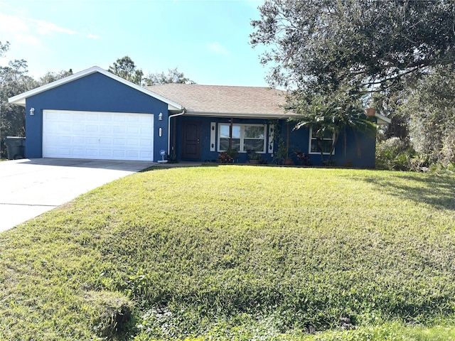 ranch-style home featuring a garage and a front lawn