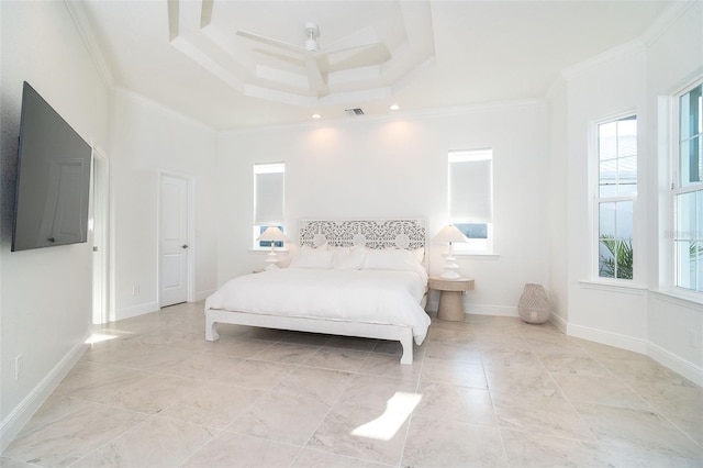 bedroom featuring ornamental molding, a towering ceiling, and ceiling fan