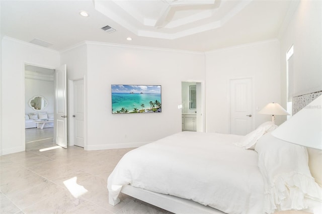 bedroom featuring ornamental molding and a raised ceiling