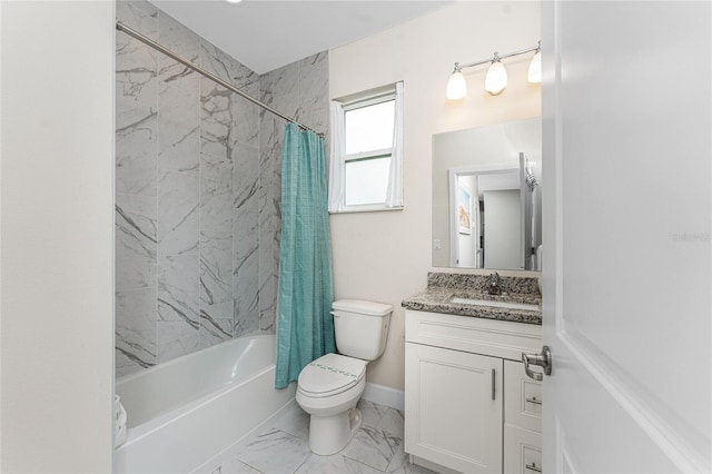 full bathroom featuring shower / bath combo, vanity, and toilet