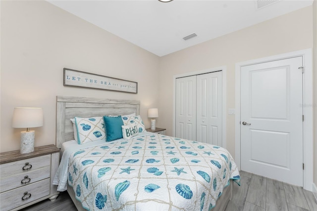 bedroom with wood-type flooring and a closet