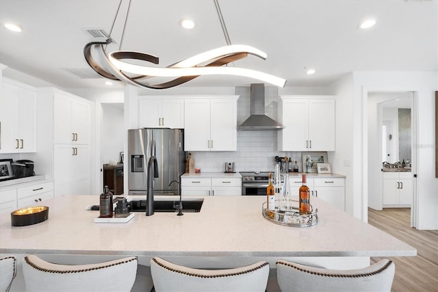 kitchen with appliances with stainless steel finishes, a breakfast bar, white cabinets, decorative backsplash, and wall chimney exhaust hood