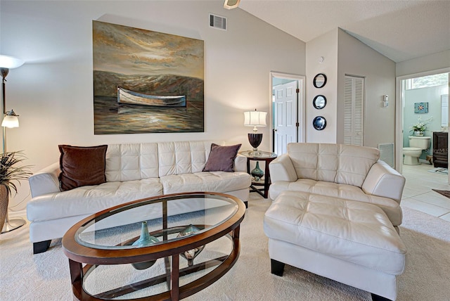 carpeted living room with lofted ceiling