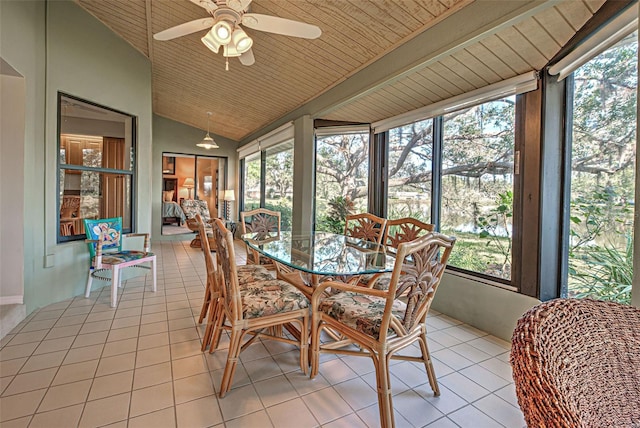 sunroom featuring ceiling fan, lofted ceiling, plenty of natural light, and wooden ceiling