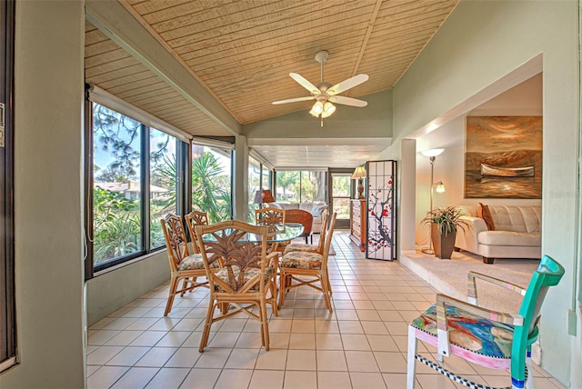 sunroom / solarium with wood ceiling, plenty of natural light, ceiling fan, and vaulted ceiling