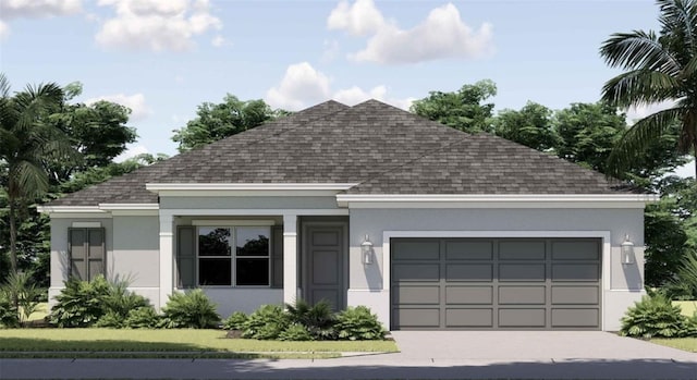 view of front of property featuring concrete driveway, a shingled roof, an attached garage, and stucco siding