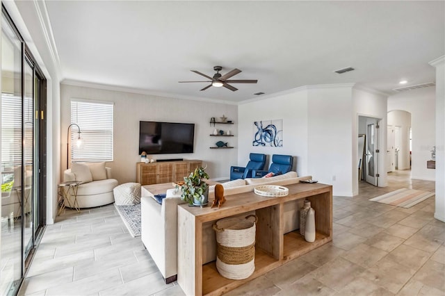 24269 Spartina Dr, Venice, FL 34293 - living room with crown molding and ceiling fan
