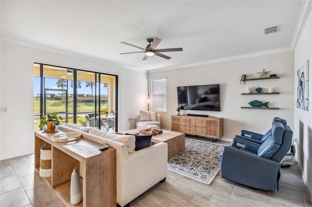 24269 Spartina Dr, Venice, FL 34293 - living room featuring ceiling fan, ornamental molding, and light tile patterned floors