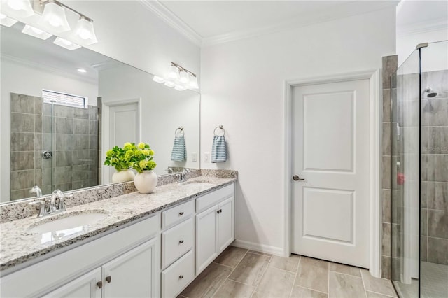 24269 Spartina Dr, Venice, FL 34293 - bathroom featuring vanity, crown molding, and walk in shower