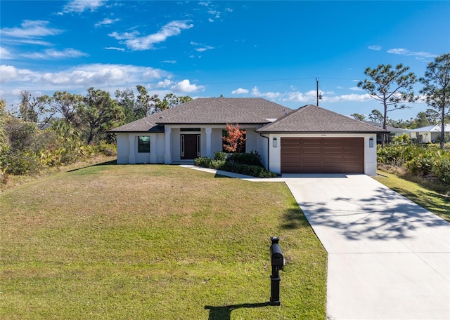 ranch-style house featuring stucco siding, roof with shingles, concrete driveway, a front yard, and a garage