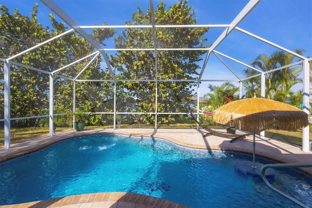 outdoor pool with a lanai and a patio area